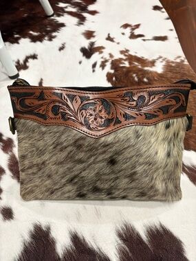 Hair-on Hide Clutch with Tooled Leather Trim